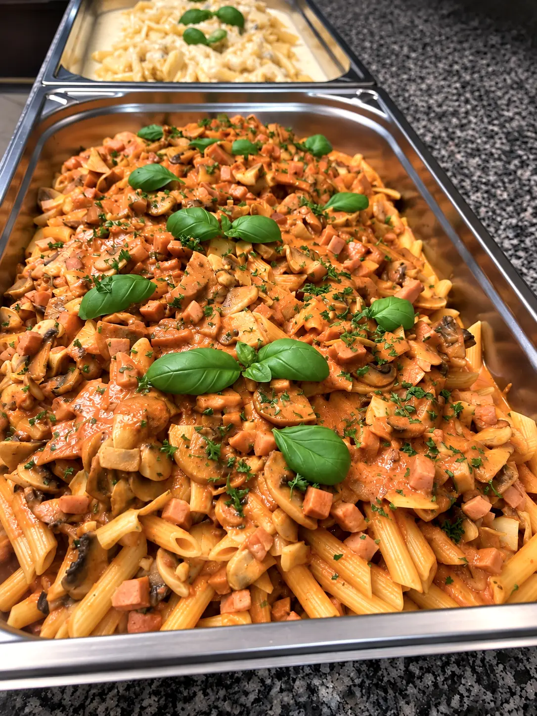 Buffet de pâtes de la Pizzeria Bambino, sauce tomate, jambon et champignons, en bac gastro.